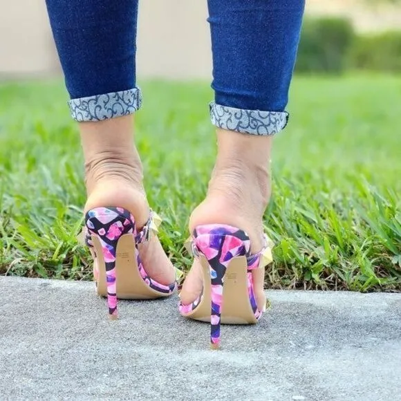 Women's Pink Studded High Heel Square Open Toe Shoes