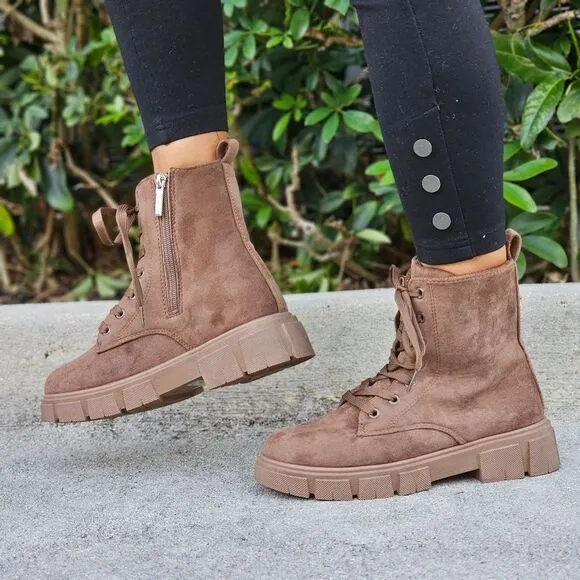 Womens Suede Nude Combat Ankle Boots Lace Up Heeled