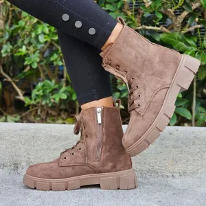 Womens Suede Nude Combat Ankle Boots Lace Up Heeled