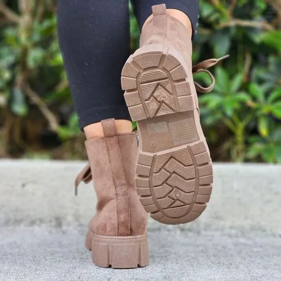 Womens Suede Nude Combat Ankle Boots Lace Up Heeled