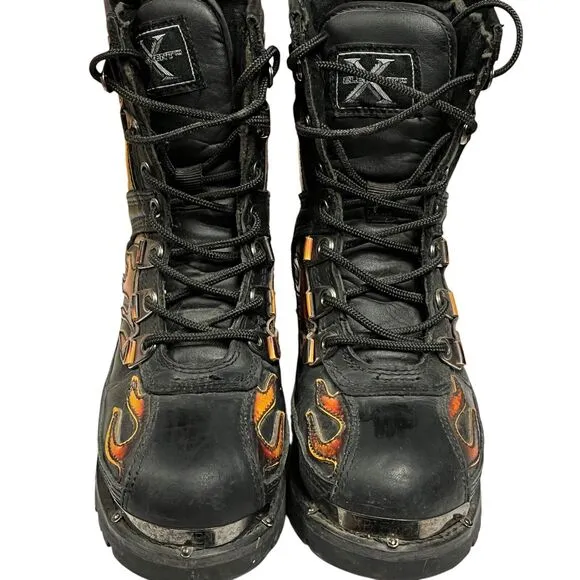 Xelement Moto Boots Women Size 6.5 Black With Flames Leather Chunky Insulated