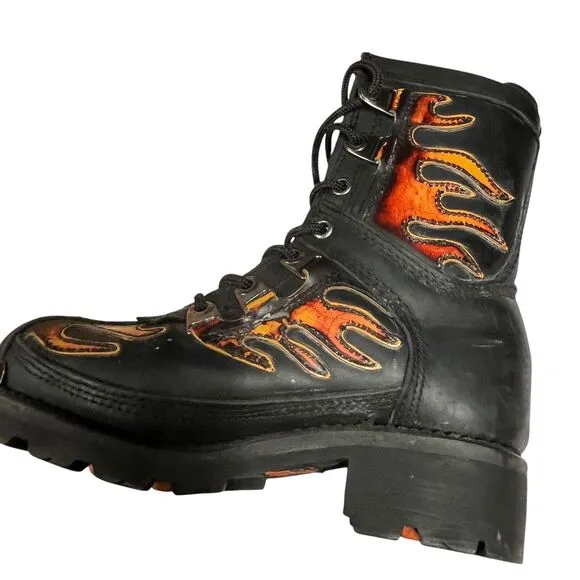 Xelement Moto Boots Women Size 6.5 Black With Flames Leather Chunky Insulated