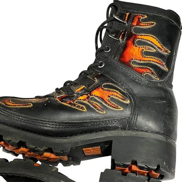 Xelement Moto Boots Women Size 6.5 Black With Flames Leather Chunky Insulated