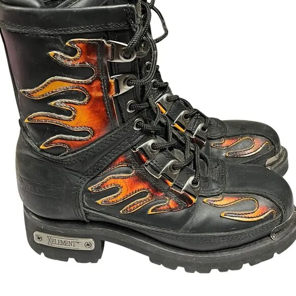 Xelement Moto Boots Women Size 6.5 Black With Flames Leather Chunky Insulated