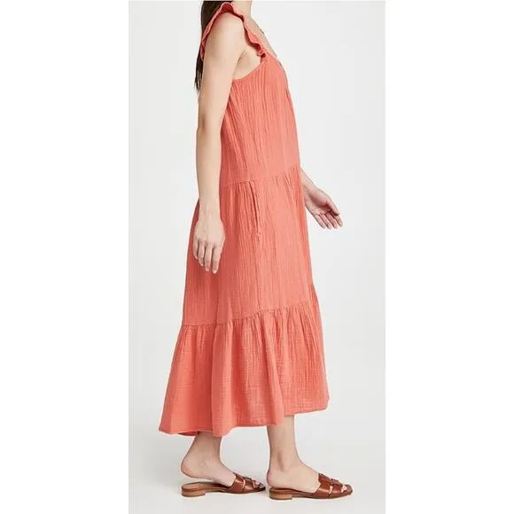 Xirena Rumer Scoop Neck Flutter Sleeve Gauze Tiered Midi Dress in Paprika