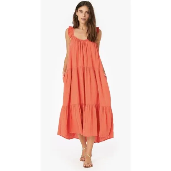 Xirena Rumer Scoop Neck Flutter Sleeve Gauze Tiered Midi Dress in Paprika