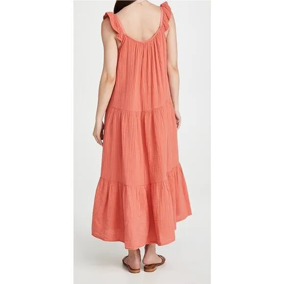 Xirena Rumer Scoop Neck Flutter Sleeve Gauze Tiered Midi Dress in Paprika