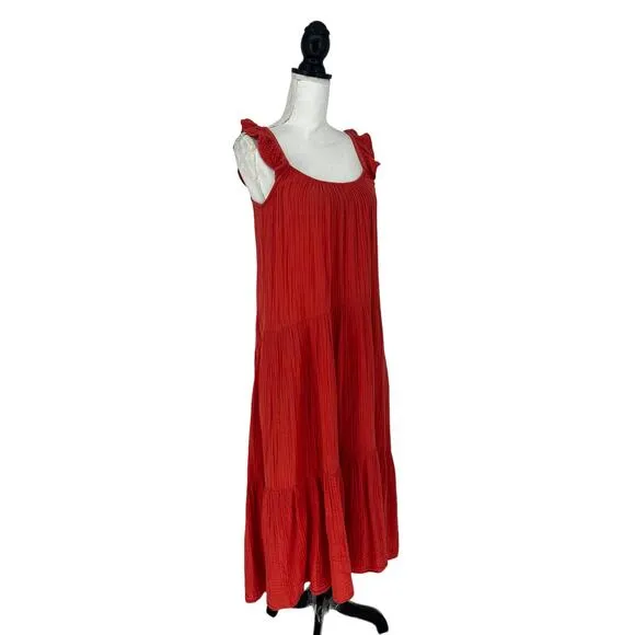 Xirena Rumer Scoop Neck Flutter Sleeve Gauze Tiered Midi Dress in Paprika