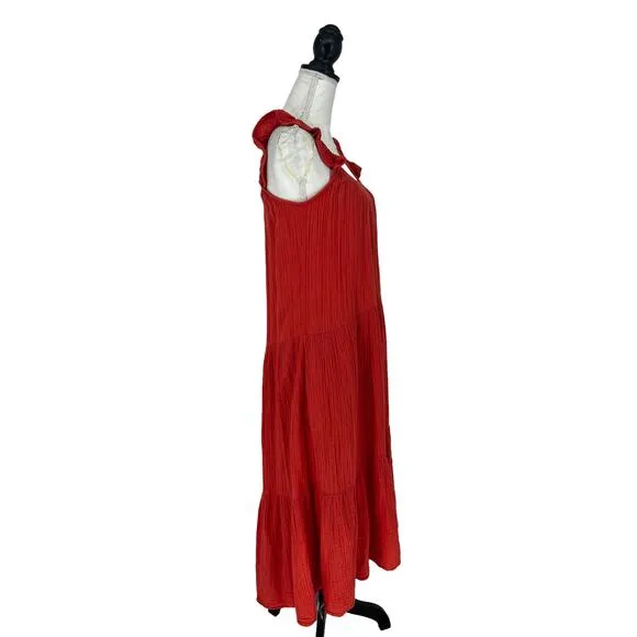 Xirena Rumer Scoop Neck Flutter Sleeve Gauze Tiered Midi Dress in Paprika