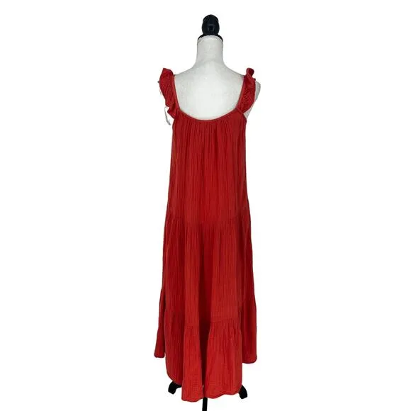 Xirena Rumer Scoop Neck Flutter Sleeve Gauze Tiered Midi Dress in Paprika