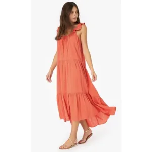 Xirena Rumer Scoop Neck Flutter Sleeve Gauze Tiered Midi Dress in Paprika