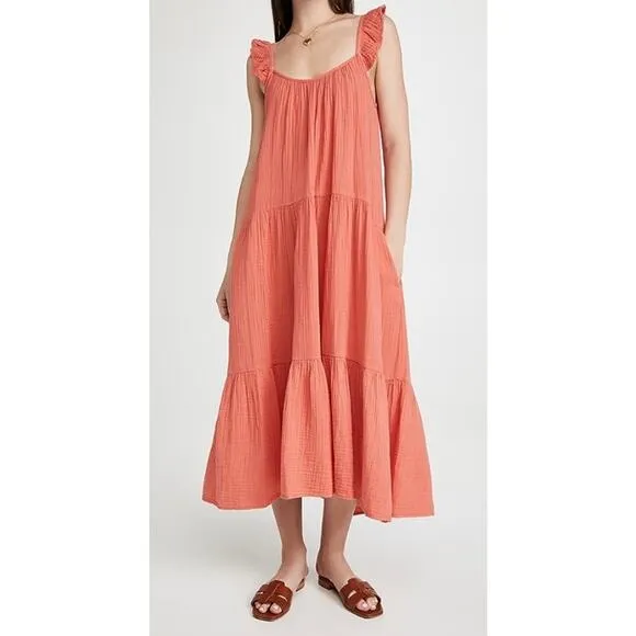 Xirena Rumer Scoop Neck Flutter Sleeve Gauze Tiered Midi Dress in Paprika