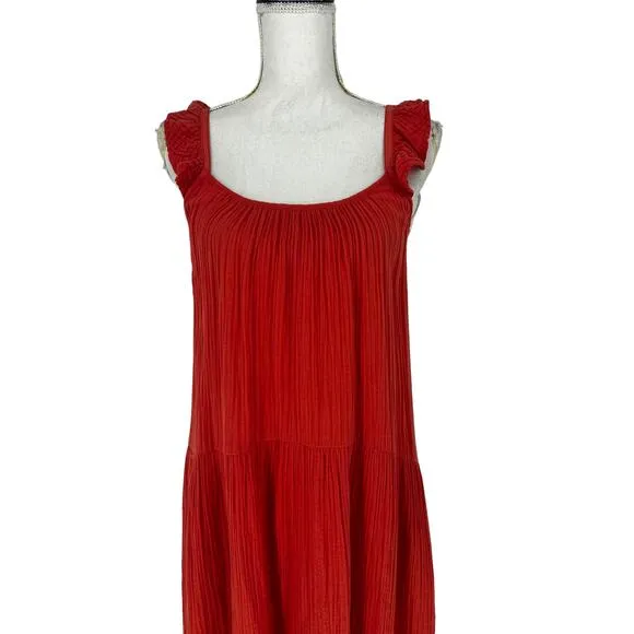 Xirena Rumer Scoop Neck Flutter Sleeve Gauze Tiered Midi Dress in Paprika