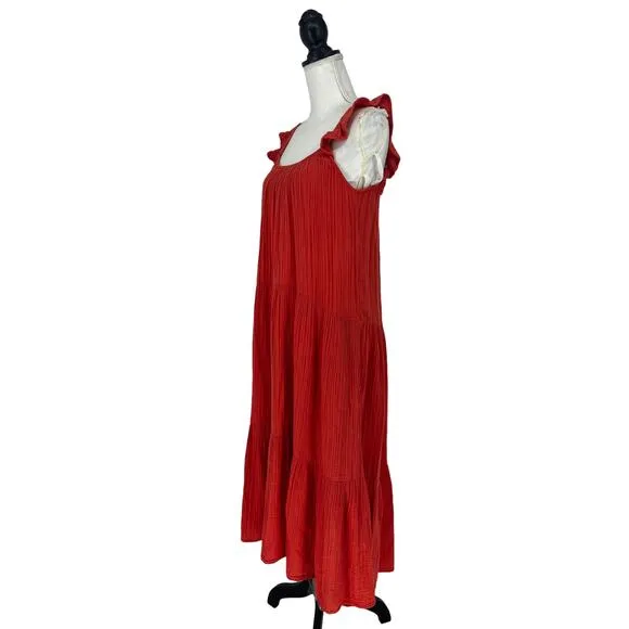 Xirena Rumer Scoop Neck Flutter Sleeve Gauze Tiered Midi Dress in Paprika