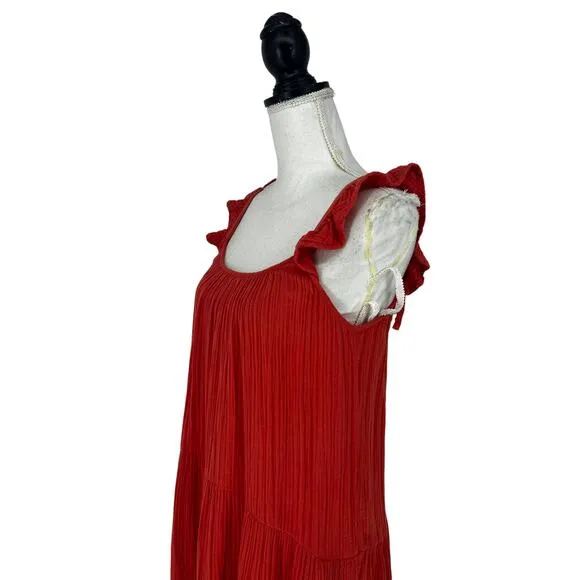 Xirena Rumer Scoop Neck Flutter Sleeve Gauze Tiered Midi Dress in Paprika