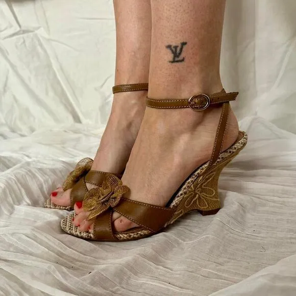Y2k summer wedges floral embroidered strappy platform sandals