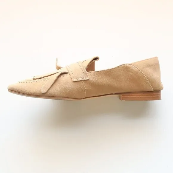 Zara Beige Studded Suede Leather Pointy Toe Fringe Loafers, Flats, Slip On Shoes
