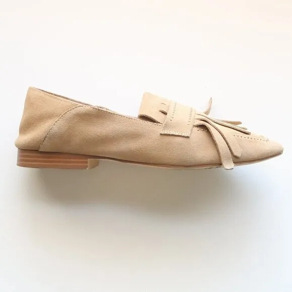 Zara Beige Studded Suede Leather Pointy Toe Fringe Loafers, Flats, Slip On Shoes