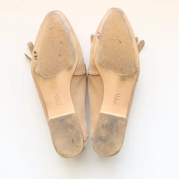 Zara Beige Studded Suede Leather Pointy Toe Fringe Loafers, Flats, Slip On Shoes