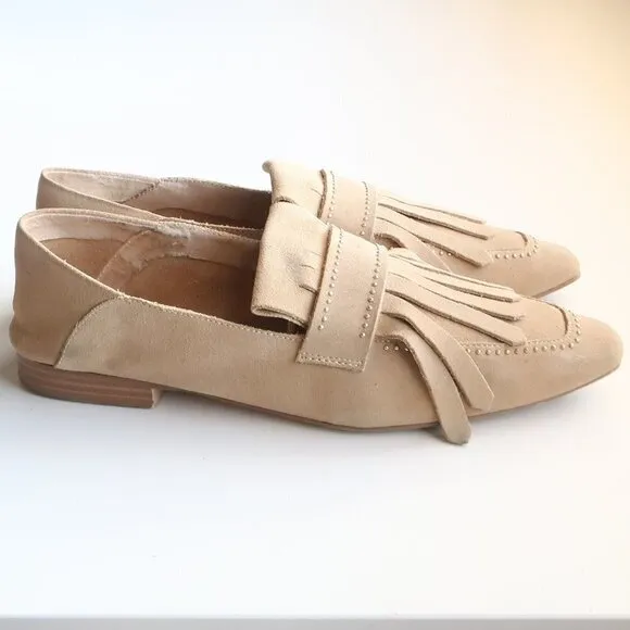 Zara Beige Studded Suede Leather Pointy Toe Fringe Loafers, Flats, Slip On Shoes