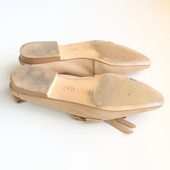 Zara Beige Studded Suede Leather Pointy Toe Fringe Loafers, Flats, Slip On Shoes