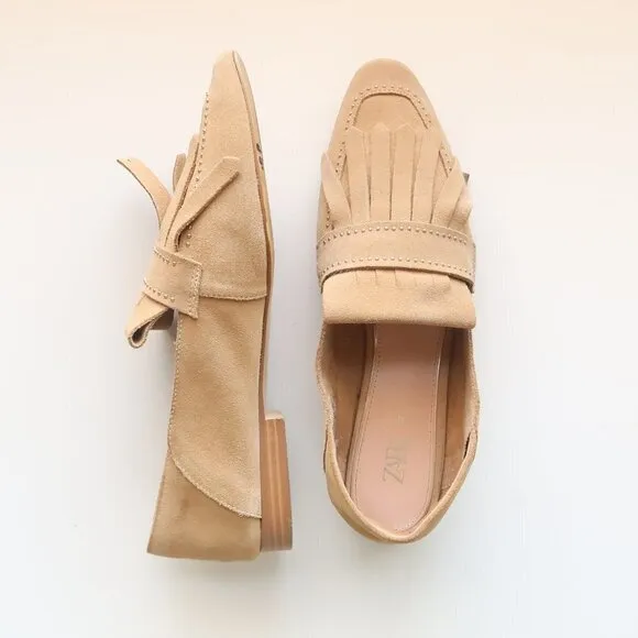 Zara Beige Studded Suede Leather Pointy Toe Fringe Loafers, Flats, Slip On Shoes
