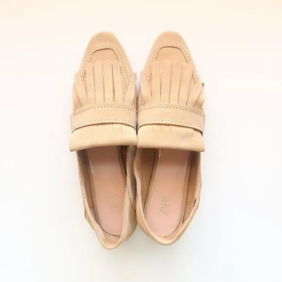 Zara Beige Studded Suede Leather Pointy Toe Fringe Loafers, Flats, Slip On Shoes