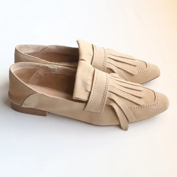 Zara Beige Studded Suede Leather Pointy Toe Fringe Loafers, Flats, Slip On Shoes