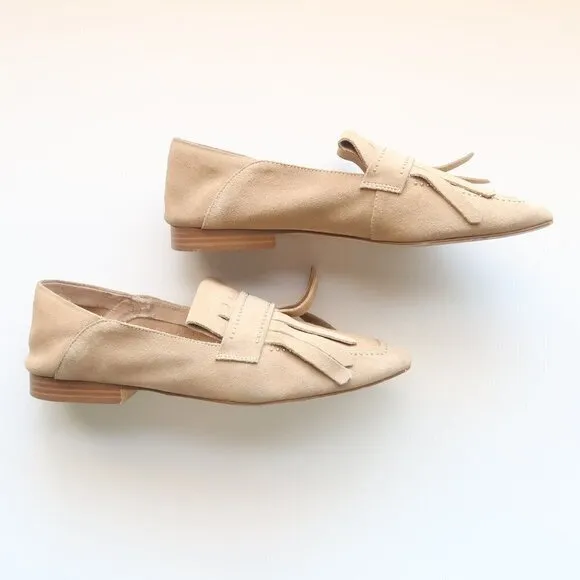 Zara Beige Studded Suede Leather Pointy Toe Fringe Loafers, Flats, Slip On Shoes