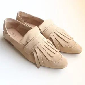 Zara Beige Studded Suede Leather Pointy Toe Fringe Loafers, Flats, Slip On Shoes