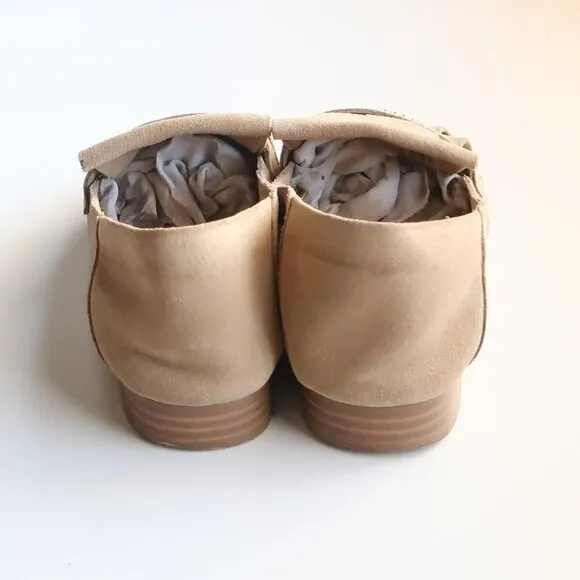 Zara Beige Studded Suede Leather Pointy Toe Fringe Loafers, Flats, Slip On Shoes