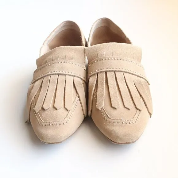 Zara Beige Studded Suede Leather Pointy Toe Fringe Loafers, Flats, Slip On Shoes