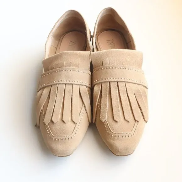 Zara Beige Studded Suede Leather Pointy Toe Fringe Loafers, Flats, Slip On Shoes