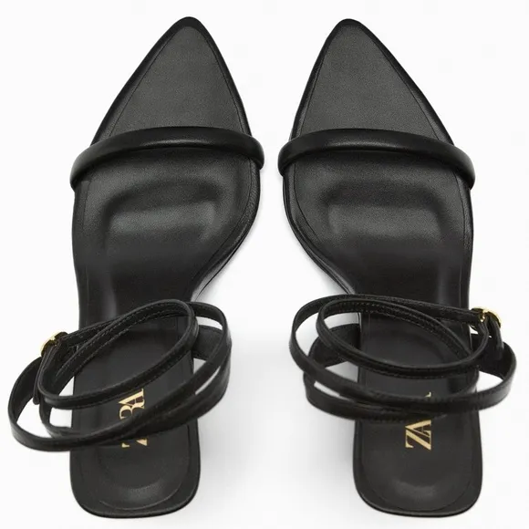 Zara Black Flat Strap Heeled Leather Pointed Toe Sandals