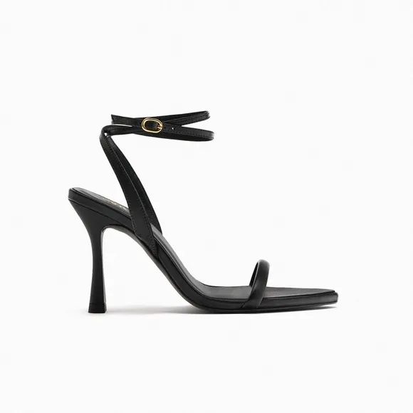 Zara Black Flat Strap Heeled Leather Pointed Toe Sandals