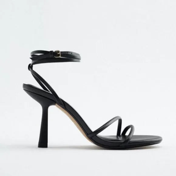 Zara Black Strappy Heeled Leather Sandals Sz 10 NWT
