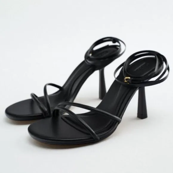 Zara Black Strappy Heeled Leather Sandals Sz 10 NWT