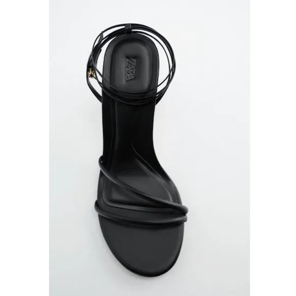 Zara Black Strappy Heeled Leather Sandals Sz 10 NWT