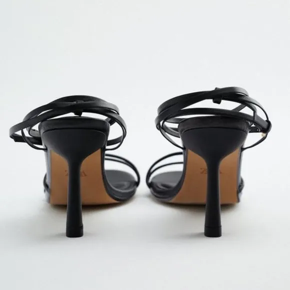 Zara Black Strappy Heeled Leather Sandals Sz 10 NWT