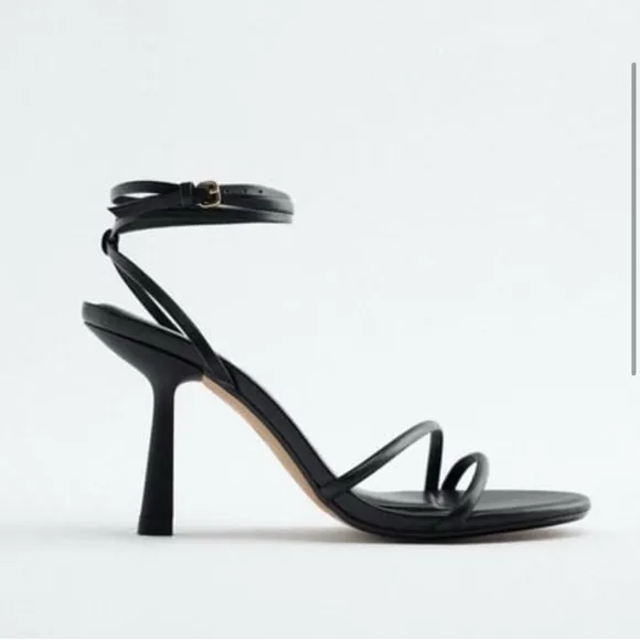 Zara Black Strappy Heeled Leather Sandals