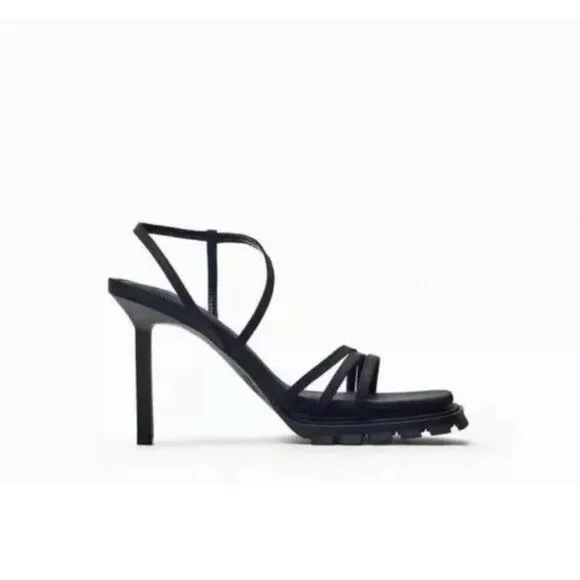 Zara Black Strappy track High Heel Sandals Lug Sole Leather Size 41 NWOB