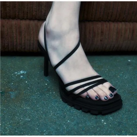 Zara Black Strappy track High Heel Sandals Lug Sole Leather Size 41 NWOB