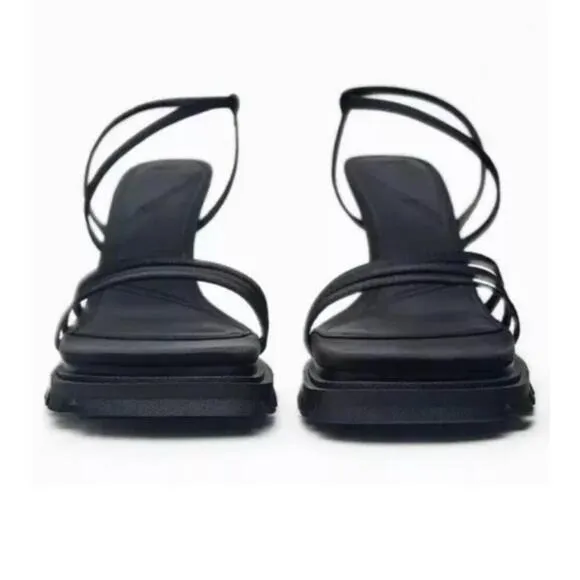 Zara Black Strappy track High Heel Sandals Lug Sole Leather Size 41 NWOB