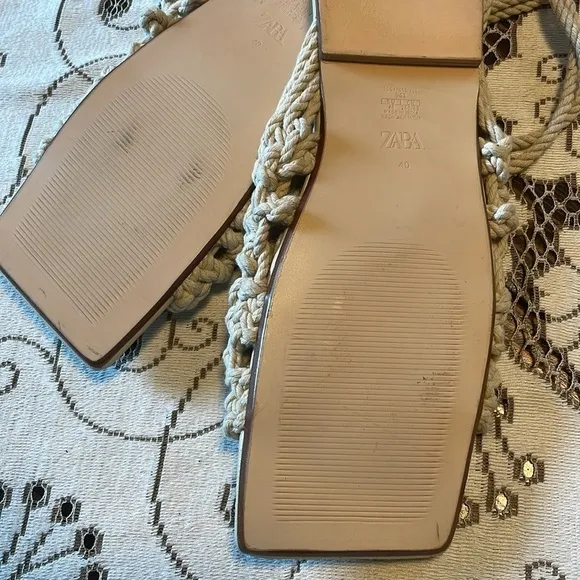 Zara Flat Cream Crochet Jute Ankle Tie Square Toe Sandals 1649/810/111