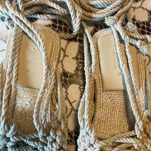 Zara Flat Cream Crochet Jute Ankle Tie Square Toe Sandals 1649/810/111