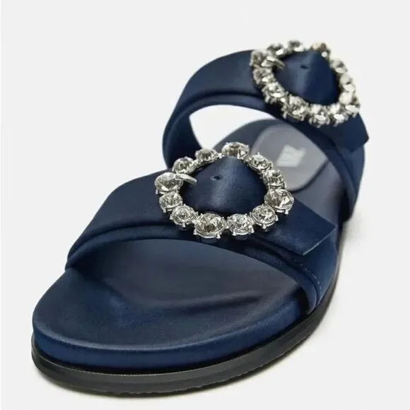 ZARA FLAT SLIDER SANDALS WITH RHINESTONE BUCKLES