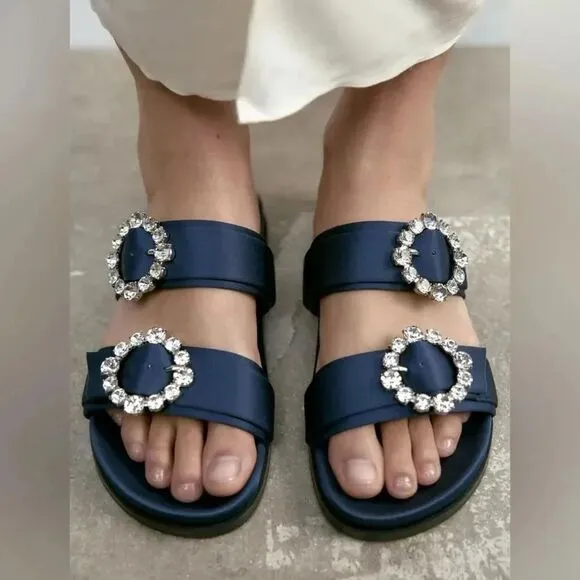 ZARA FLAT SLIDER SANDALS WITH RHINESTONE BUCKLES