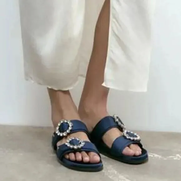 ZARA FLAT SLIDER SANDALS WITH RHINESTONE BUCKLES