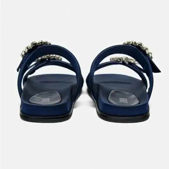 ZARA FLAT SLIDER SANDALS WITH RHINESTONE BUCKLES