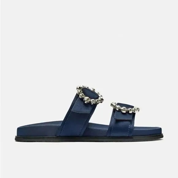 ZARA FLAT SLIDER SANDALS WITH RHINESTONE BUCKLES